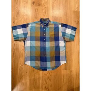 Vtg Christian Dior Monsieur Blue Brown Block Plaid Button Down Shirt MED
